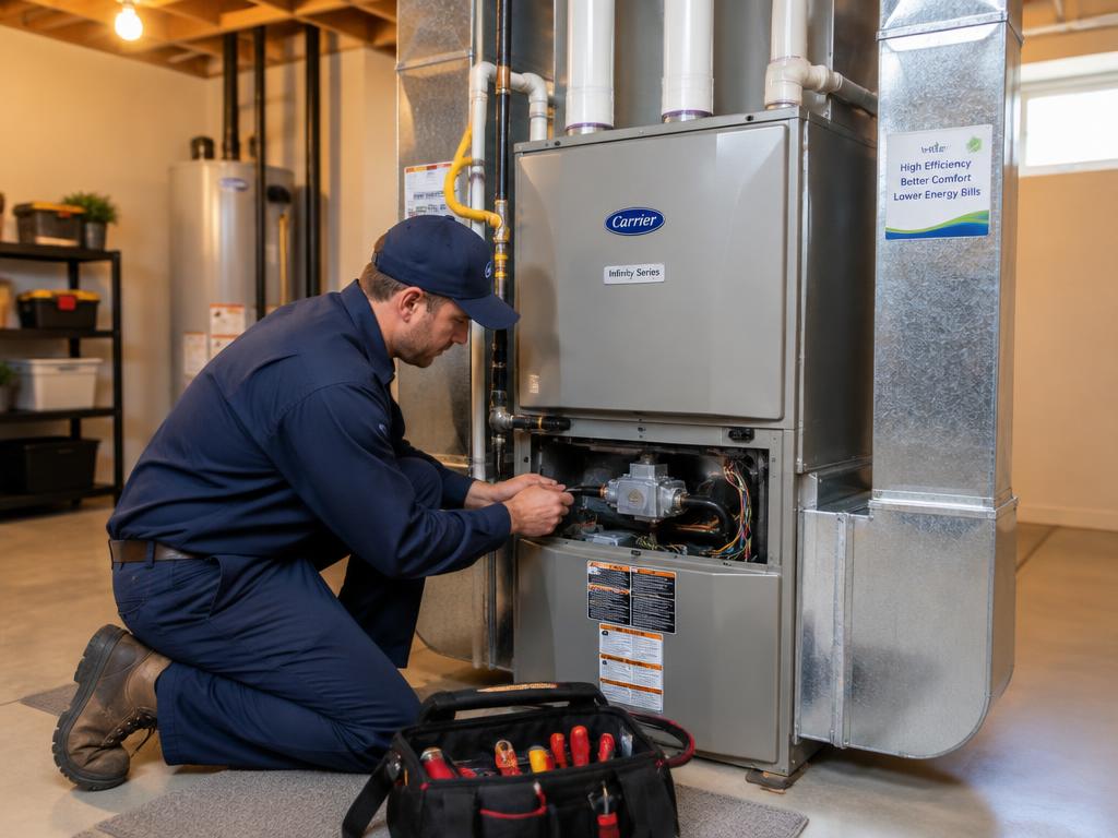 Technician installing a high-efficiency furnace