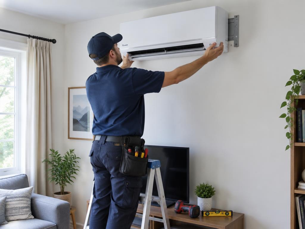 Ductless mini-split installation in a living room