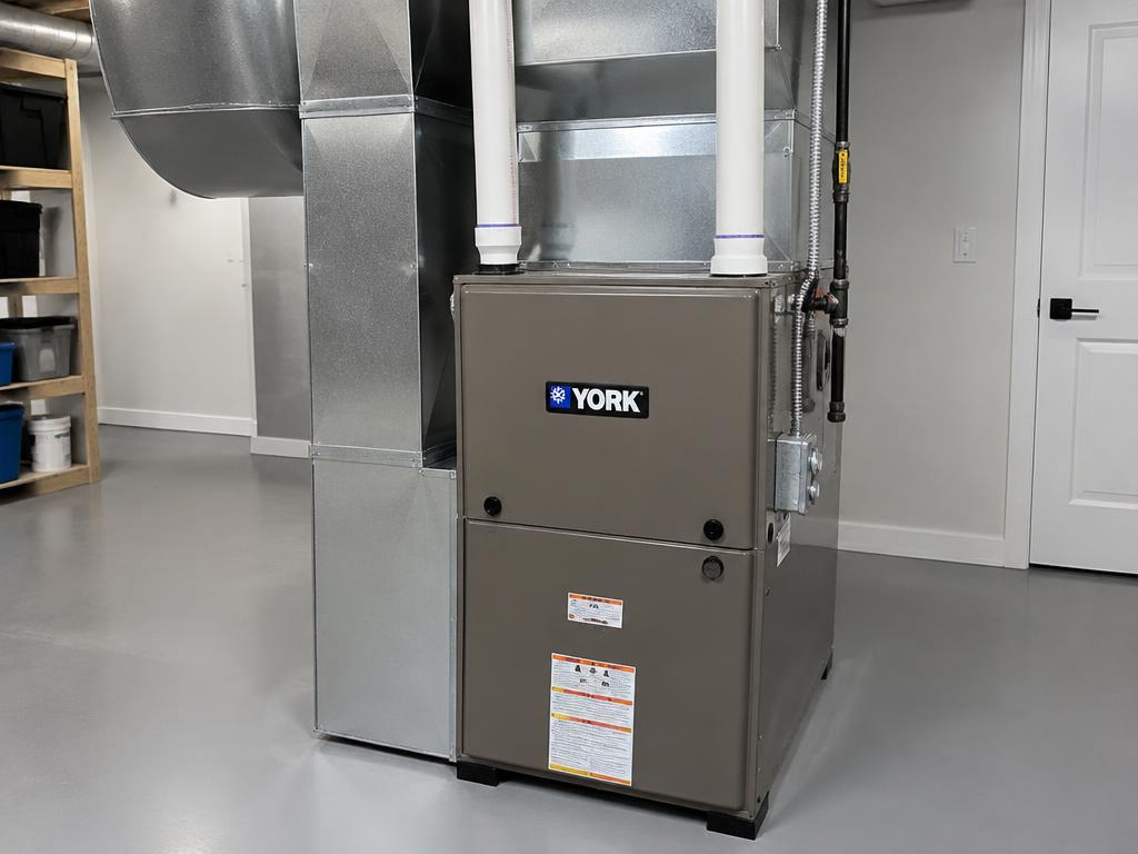 New York gas furnace with custom ductwork in a basement