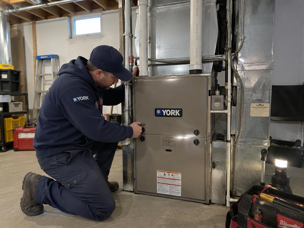 Technician installing a York furnace in a basement