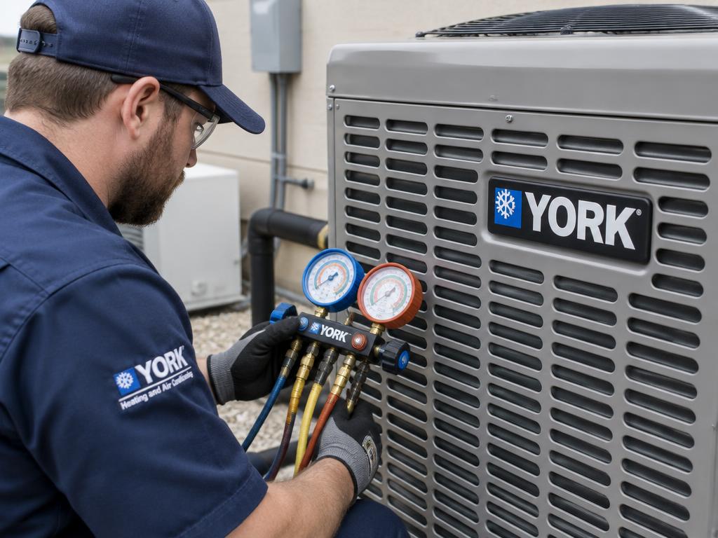 Technician checking refrigerant on a York air conditioner