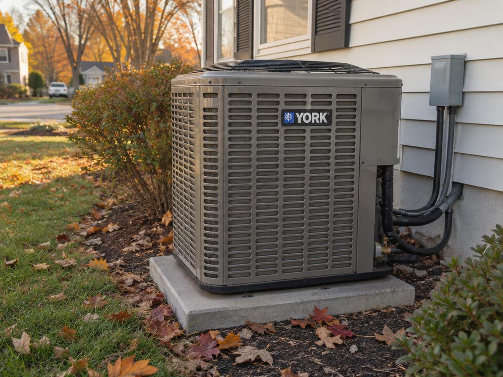 York heat pump installed at a suburban home in autumn