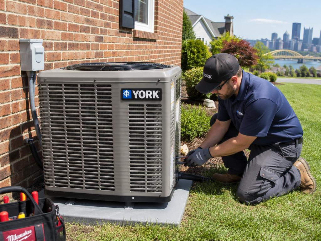 Technician installing a York air conditioner at a brick Pittsburgh home