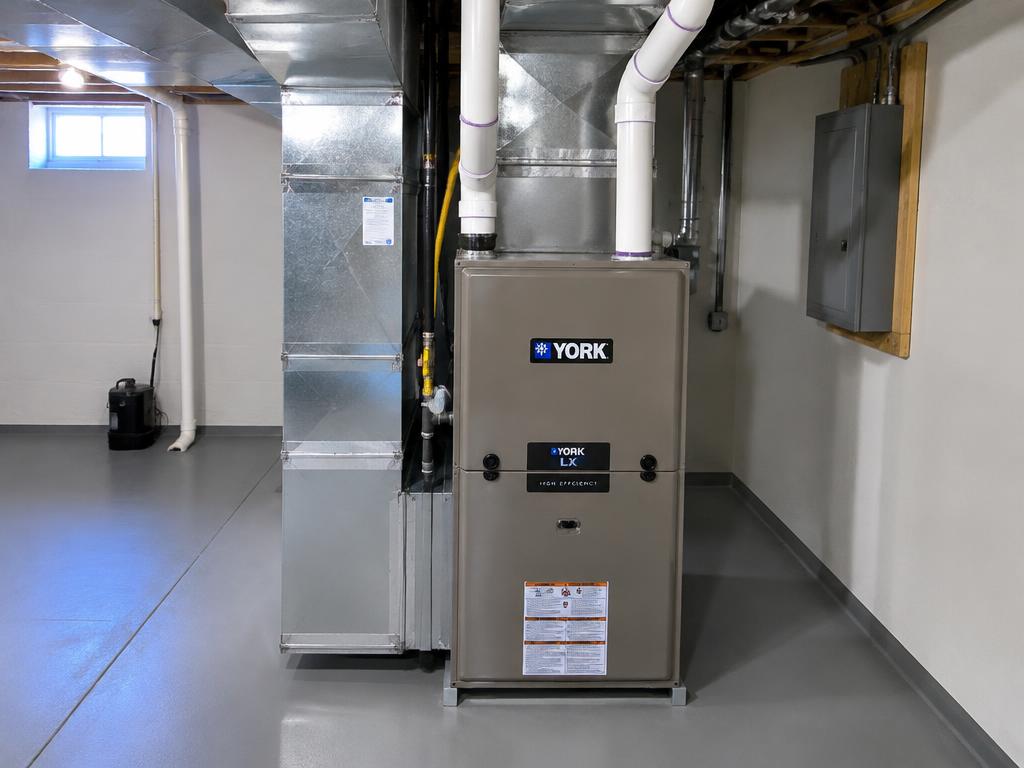 New York LX high-efficiency furnace in a finished basement