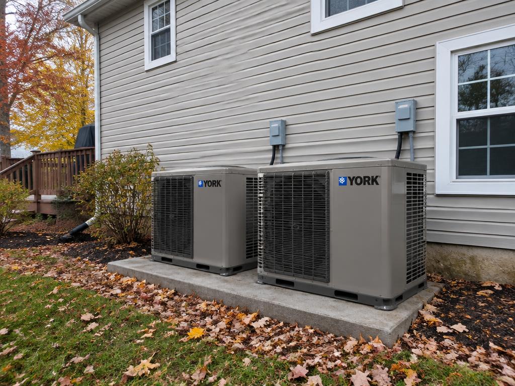 Two York heat pumps behind a suburban home in autumn