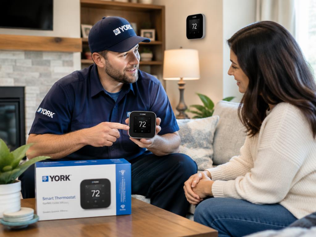 Technician showing a homeowner a new York smart thermostat