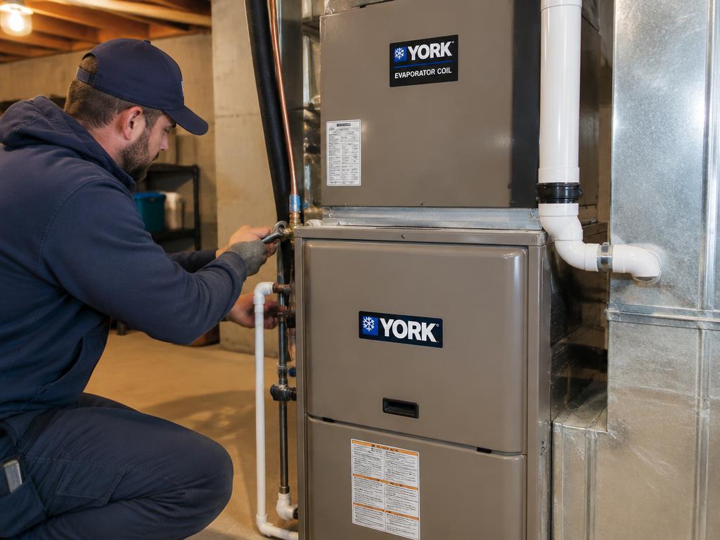 York furnace and evaporator coil installed in a basement