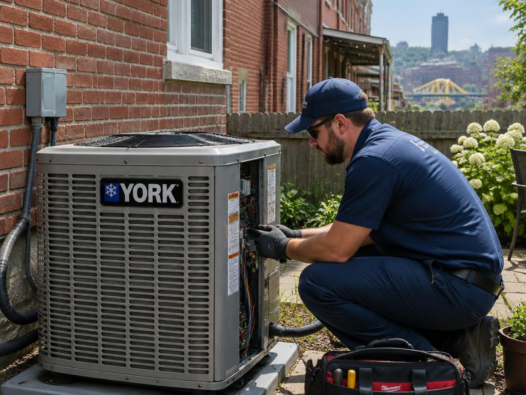 Technician servicing a York condenser behind a Pittsburgh rowhouse