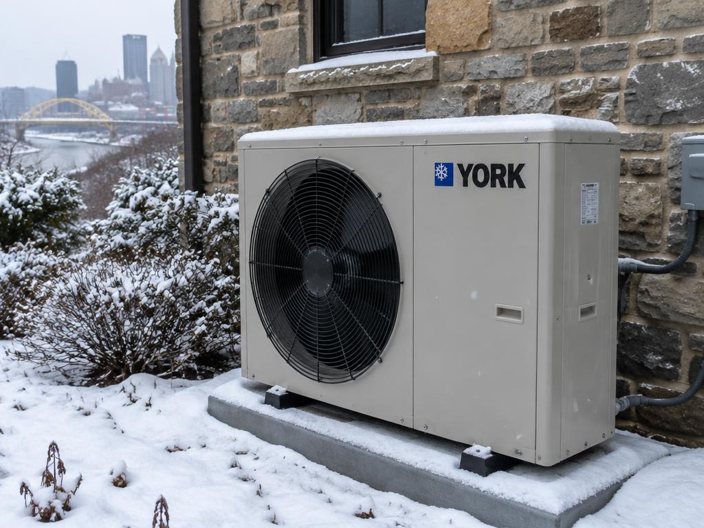 York heat pump running in the snow at a stone Pittsburgh home